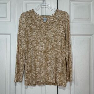 🍓 Chico’s Touch of Cool Tan and White Snake Skin Print Long Sleeve Shirt - Small